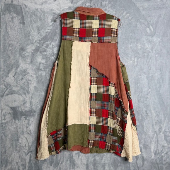 Blue Velvet Gauze Patchwork Tunic Dress Womens XL Terracotta Olive Floral Plaid - Picture 2 of 9